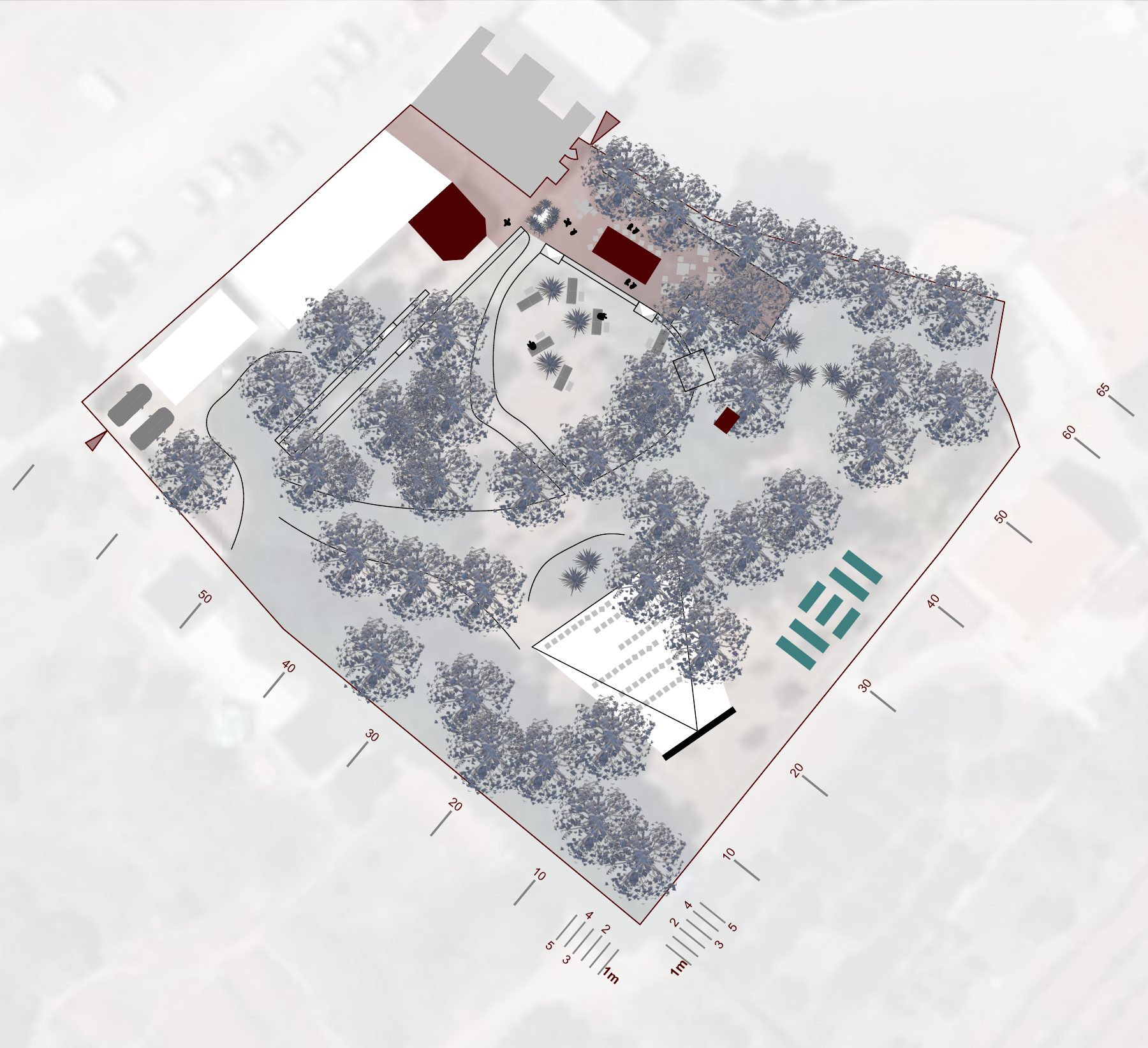Top-down plan of the Andrioli park showing the trees, paths, buildings and a seating area, with a scale in metres along the edges
